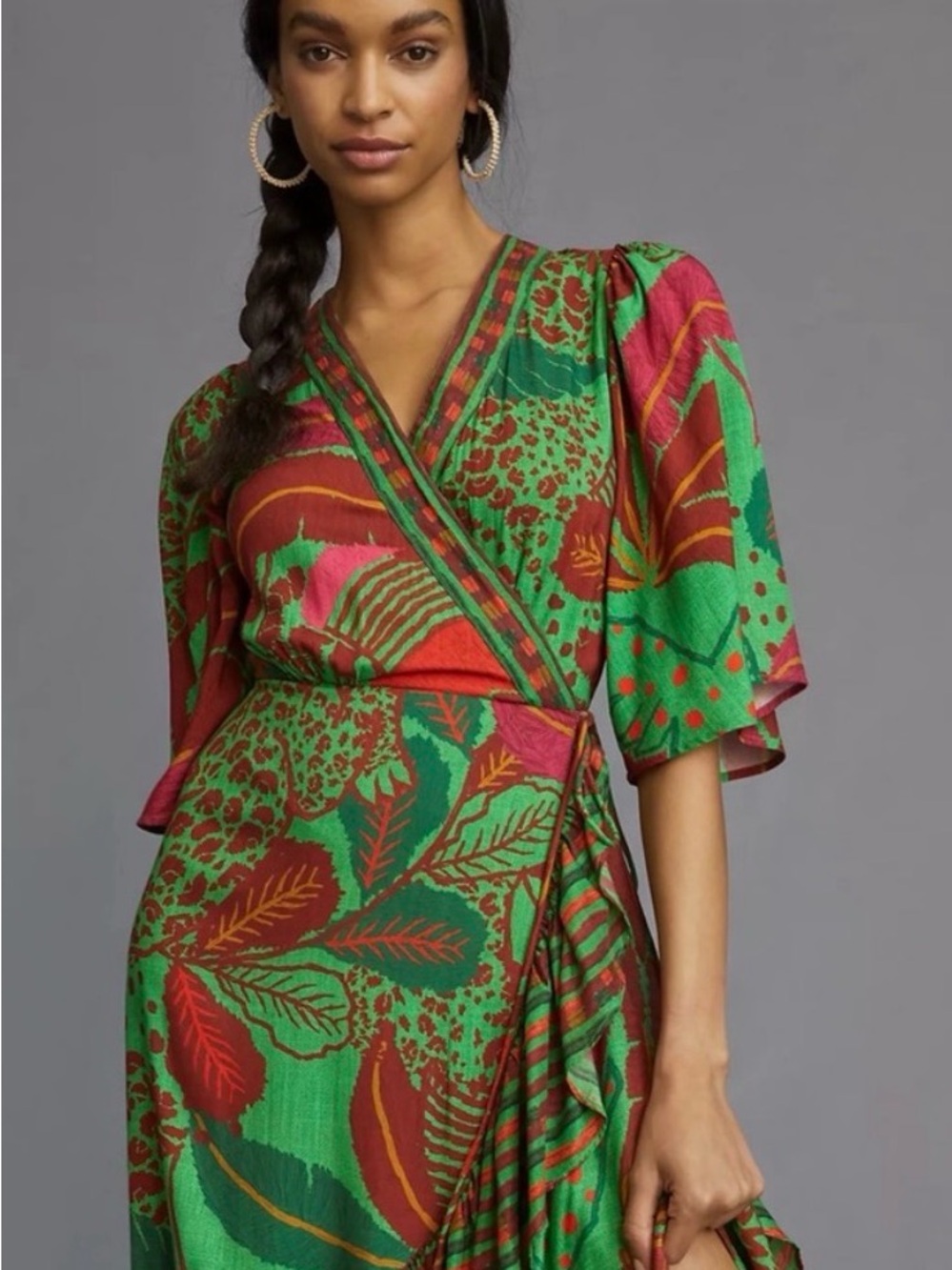 Farm Rio Tropical Floral Wrap Dress in Green & Red - Picture 2 of 11
